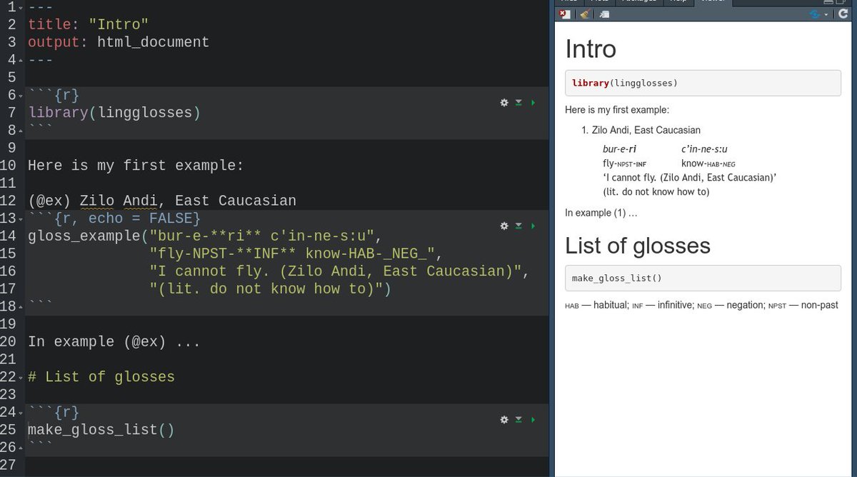 aGricolaMZ's tweet image. Have you ever dream about glossing in rmarkdown and automatically collect glosses and their definitions? Meet my new package lingglosses

agricolamz.github.io/lingglosses/