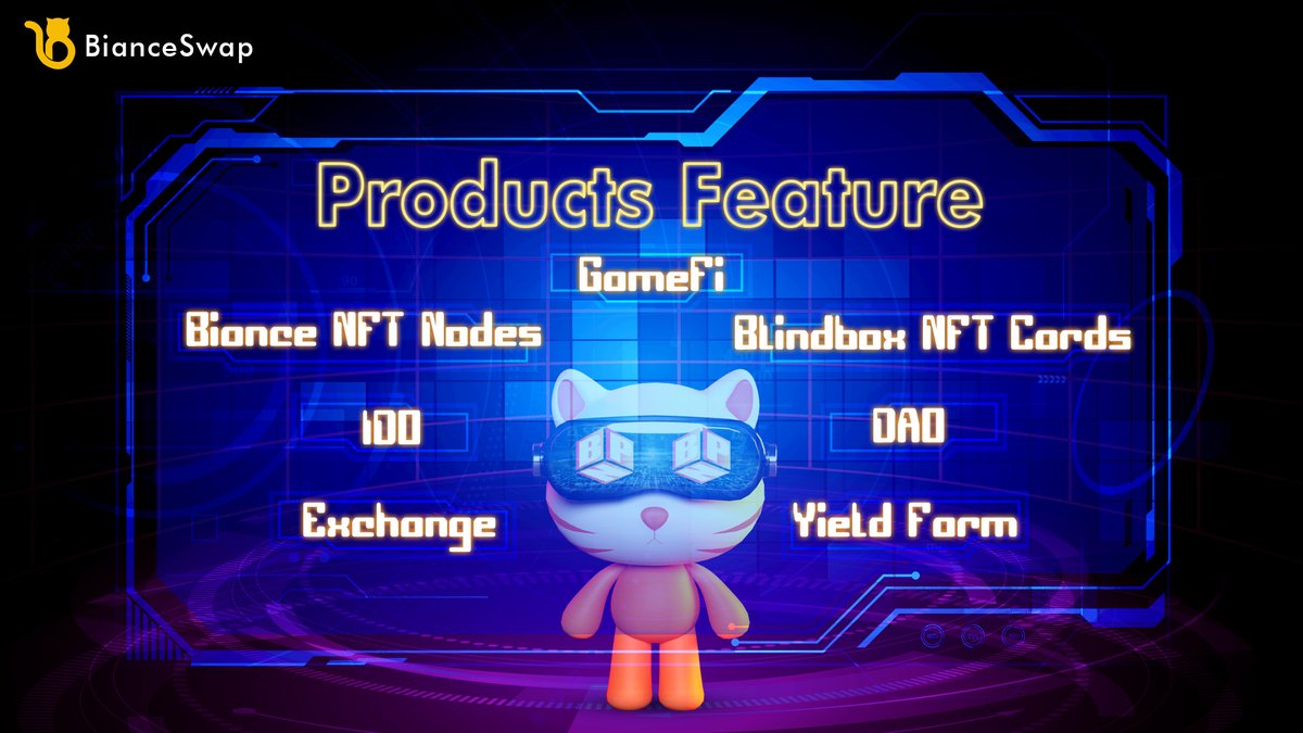 BianceSwap's tweet photo. There are mainly 7 products feature on @BianceSwap ,which are:

🃏Biance NFT Nodes
🎁Blindbox NFT Cards
⏳Initial DEX Offering
⛏️Yield farming 
🔃Decentralized Exchange
🧑‍🤝‍🧑DAO
🎮GameFi

To learn more on our products, please visit https://t.co/X1e7NRmCA4 for further information. https://t.co/zIHSac3qqu