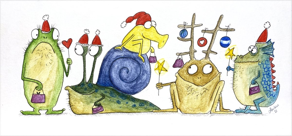 Vinkelmule's tweet photo. I gathered some #christmascreatures to wish you all a merry #christmas. The Elfs and Santa gets all the attention these days. But we must bear in mind that there are all kinds of christmas creatures.  #illo_advent2021 #illo_advent https://t.co/8SNiRMQ1hl