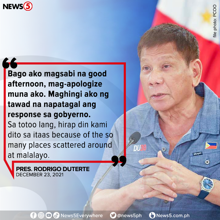 News5PH's tweet photo. Humingi ng paumahin si Pres. Duterte sa aniya'y bumagal na pagtugon ng gobyerno sa mga nasalanta ng bagyong #OdettePH. https://t.co/vCHtYEtnXd
