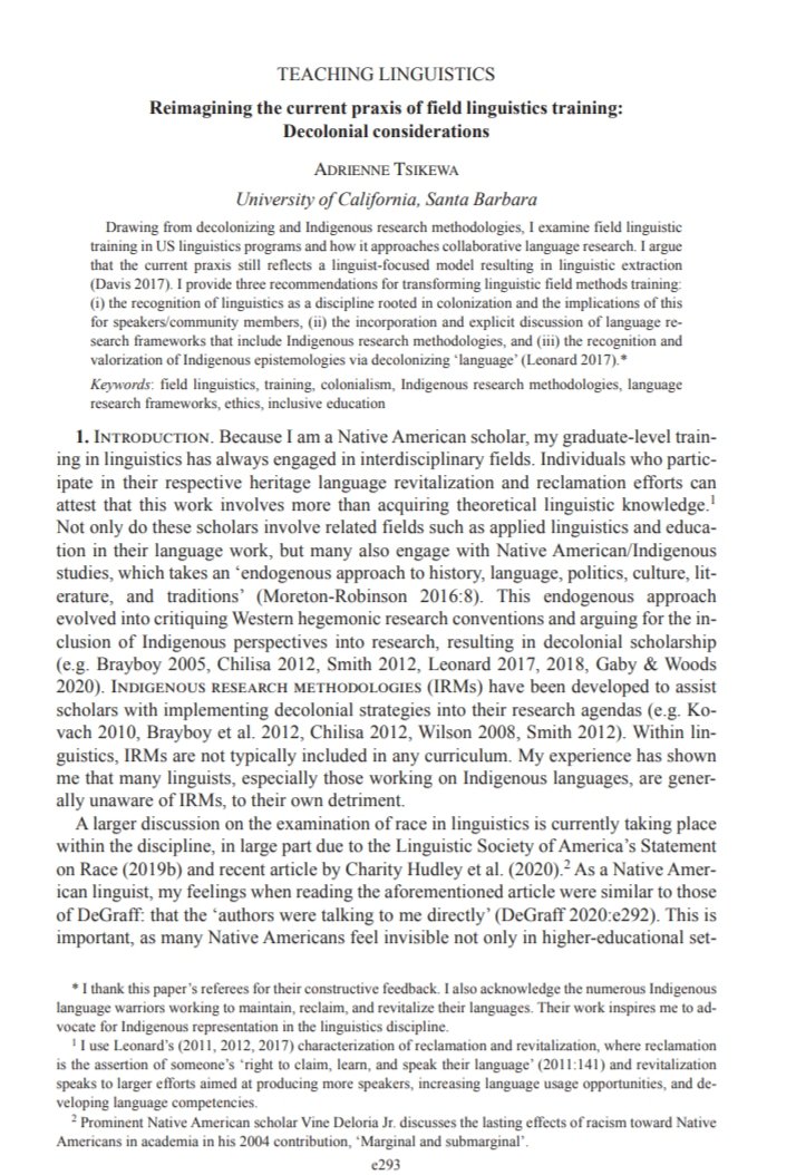 Excited to see this article in the new issue of Language 

Reimagining the current praxis of field linguistics training: Decolonial considerations

Adrienne Tsikewa

muse.jhu.edu/article/840964