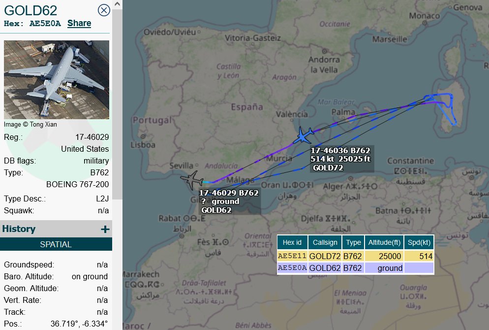 SirListenalot's tweet photo. #KC10's #AE0225 as #GOLD61 and #AE01DD as #GOLD71 en route Rota - Souda Bay took over (2x six) #USMC #F18's from #KC46's #GOLD62 & #GOLD72 on their way from Moron to ... https://t.co/Mj2w8thWJB
