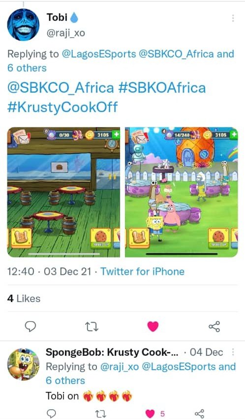 Phatill's tweet photo. Congratulations to @raji_xo & @darkskinnedNero, winners on the @SBKCO_Africa Cook-off Challenge powered by @carry1st
Downloadsnd enjoy the game via https://t.co/WCAkkoSUBk
#SBKCOAfrica #Spongebob #KrustyCookOff https://t.co/IiH1Q7WVQi