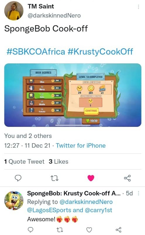 Phatill's tweet photo. Congratulations to @raji_xo & @darkskinnedNero, winners on the @SBKCO_Africa Cook-off Challenge powered by @carry1st
Downloadsnd enjoy the game via https://t.co/WCAkkoSUBk
#SBKCOAfrica #Spongebob #KrustyCookOff https://t.co/IiH1Q7WVQi