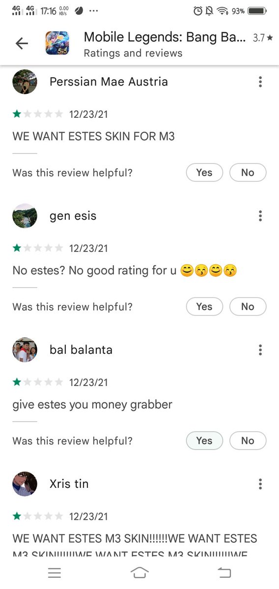shlmae127's tweet photo. 4.1 to 3.6 Playstore rating. Are you hearing us out now @MobileLegendsOL ? Your revenue came from us and that will stay that way as long as you operate. Does making your target market upset also included on your InTErNaL pLaNs? 

#WeWantEstesSkin #WeWantEstes https://t.co/QaGIs1KLeZ