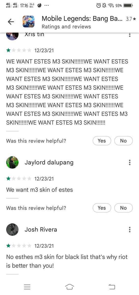 shlmae127's tweet photo. 4.1 to 3.6 Playstore rating. Are you hearing us out now @MobileLegendsOL ? Your revenue came from us and that will stay that way as long as you operate. Does making your target market upset also included on your InTErNaL pLaNs? 

#WeWantEstesSkin #WeWantEstes https://t.co/QaGIs1KLeZ