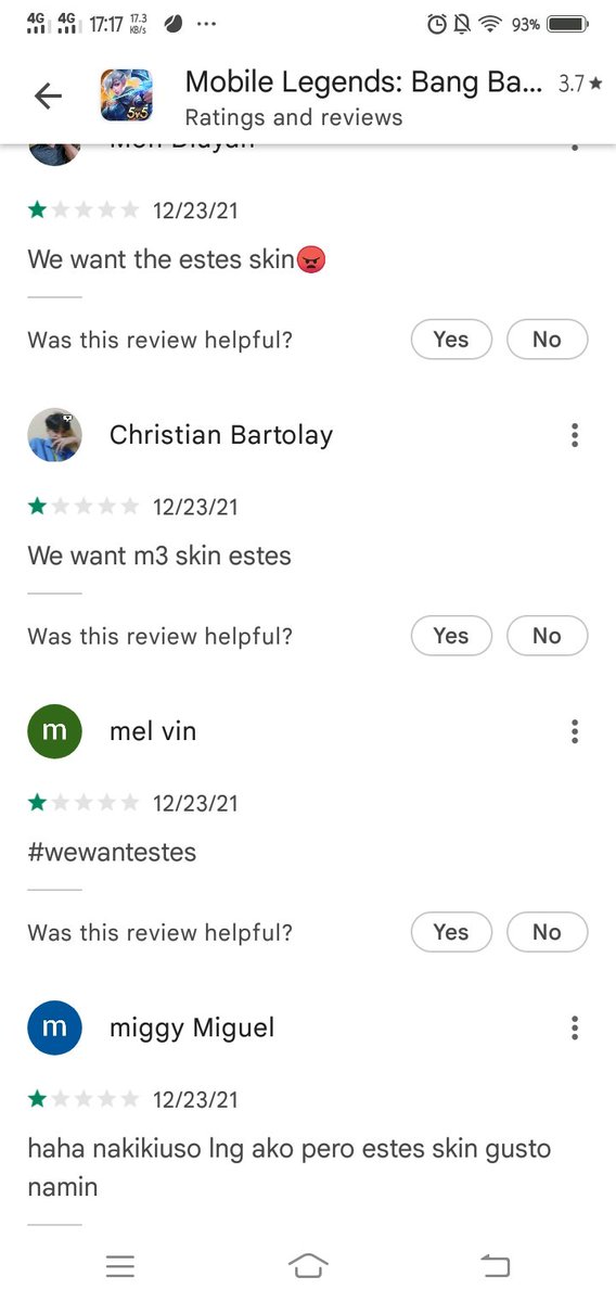 shlmae127's tweet photo. 4.1 to 3.6 Playstore rating. Are you hearing us out now @MobileLegendsOL ? Your revenue came from us and that will stay that way as long as you operate. Does making your target market upset also included on your InTErNaL pLaNs? 

#WeWantEstesSkin #WeWantEstes https://t.co/QaGIs1KLeZ