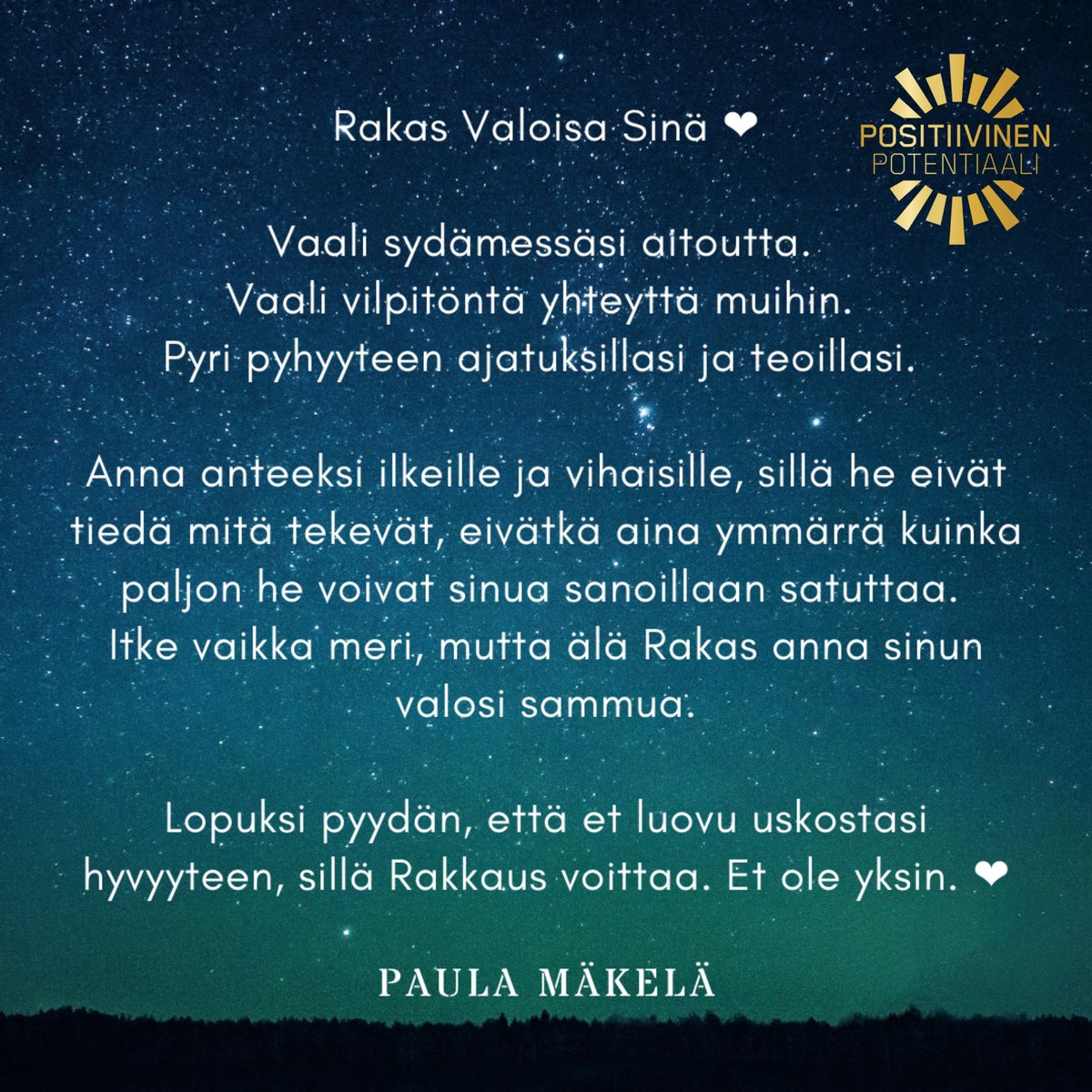 Rakkaus voittaa. ❤🙏❤
Et ole yksin. ❤ 

#aitous #yhteys #pyhyys #anteeksianto #irtipäästäminen #vaalivaloasi #hyvyys #rauha #rakkaus #yhdessä #positiivinenpotentiaali #ratkaisukeskeinenvalmennus #työnohjaus