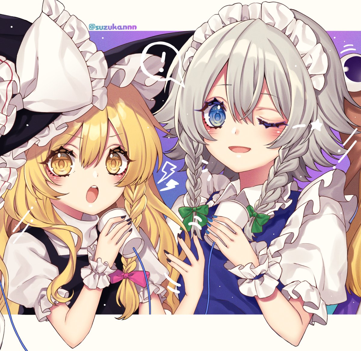 izayoi sakuya ,kirisame marisa ,moriya suwako multiple girls hat blonde hair braid witch hat one eye closed yellow eyes  illustration images