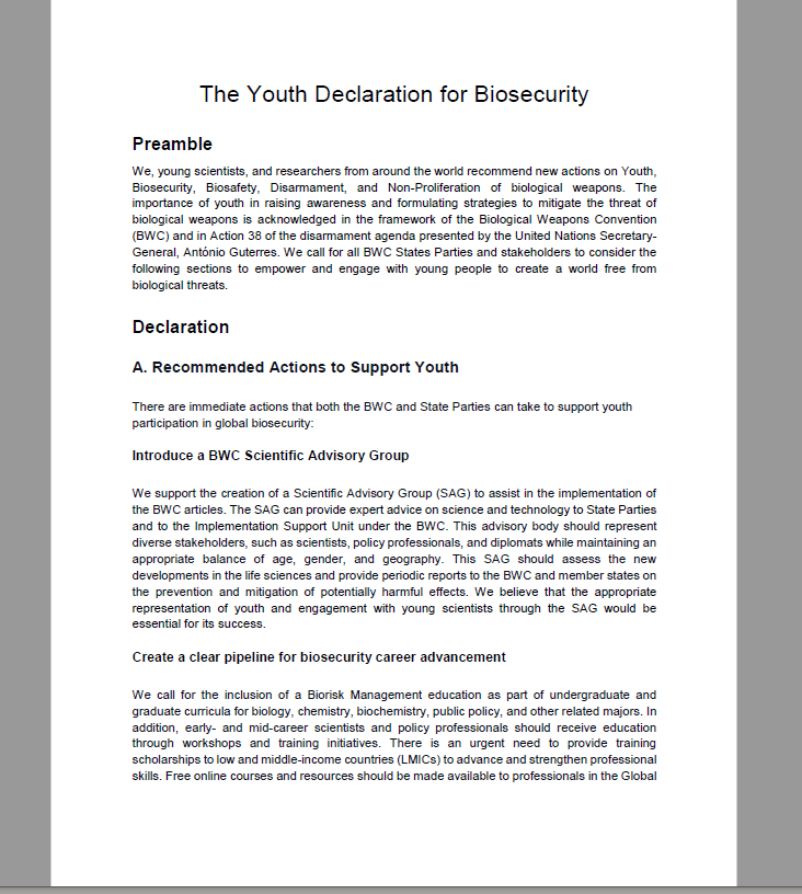BWCISU's tweet photo. The Youth Declaration for Biosecurity is now published!
It was launched in the margins of the #BWCMSP in Nov. 2021 and contains recommendations from youth to uphold global biosecurity under the #1972BWC
Access and/or endorse the Declaration here 👉https://t.co/0XbkCqeFZg https://t.co/gzdUU29AG3