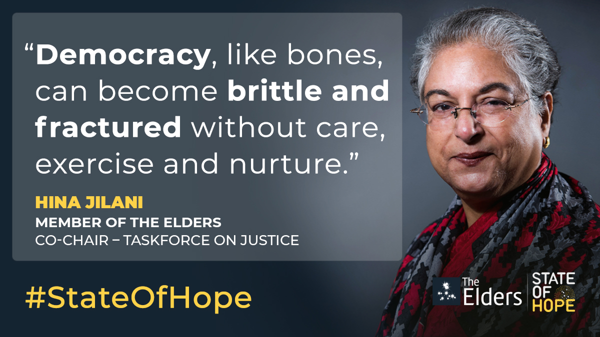 TheElders's tweet photo. “Human rights defenders cannot afford the luxury of pessimism or cynicism.” - Hina Jilani

Watch her discuss the power and potential of civil society and how we can tackle injustice in our State of Hope talk: https://t.co/3TQHX7zAht

#StateOfHope https://t.co/DMggkmbLw2