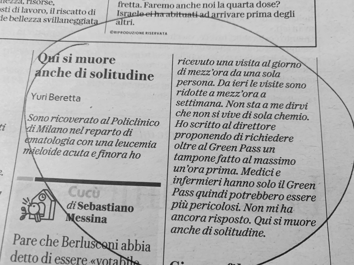 Capisco che i sani non lo sappiano e non ci pensino, figuriamoci sotto le feste. Ma a nome mio personale e di tanti altri, un grandissimo abbraccio a Yuri Beretta e a chi come lui affronta il male in ospedale in solitudine
