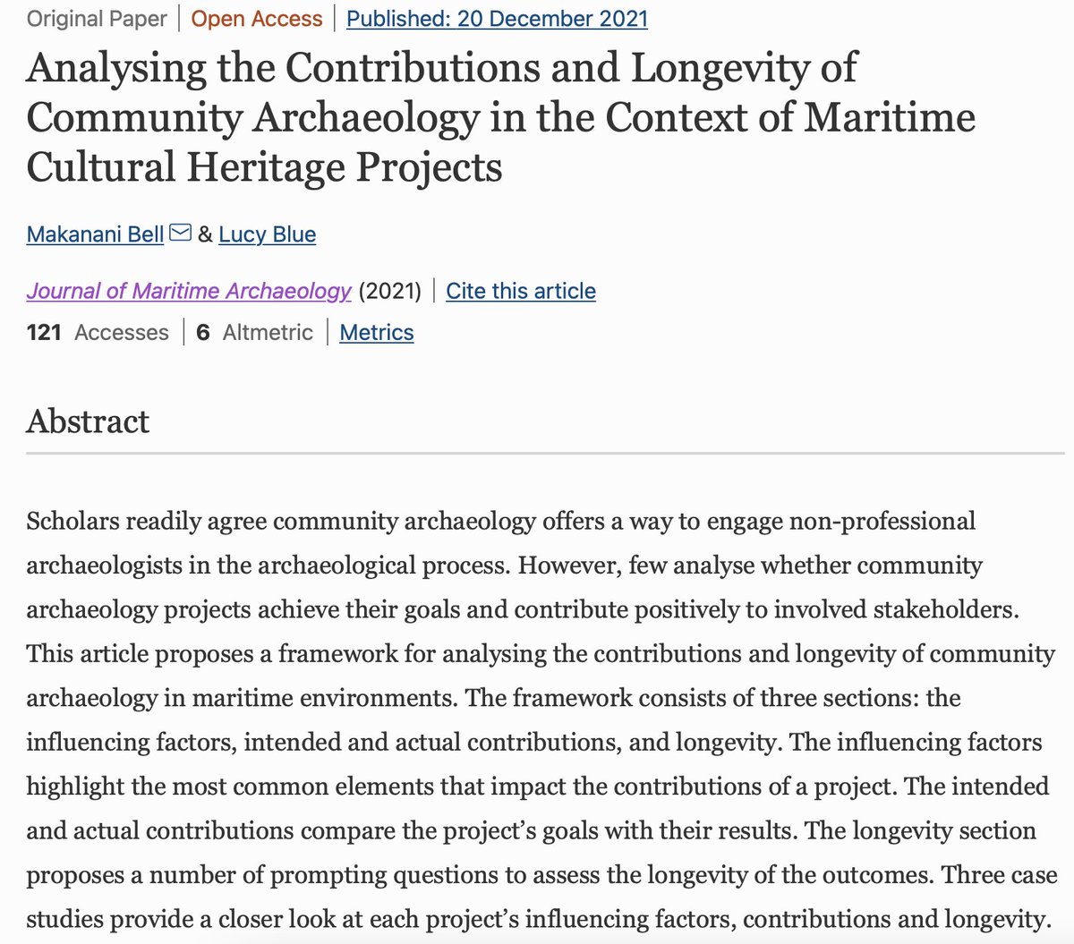 Open Access ✅ @Makanani_b & Lucy Blue analysing the contributions and longevity of #communityarchaeology in the context of maritime cultural heritage projects | Online first rdcu.be/cDIUL #evaluation #maritimeheritage #heritagemanagement @sotonarch