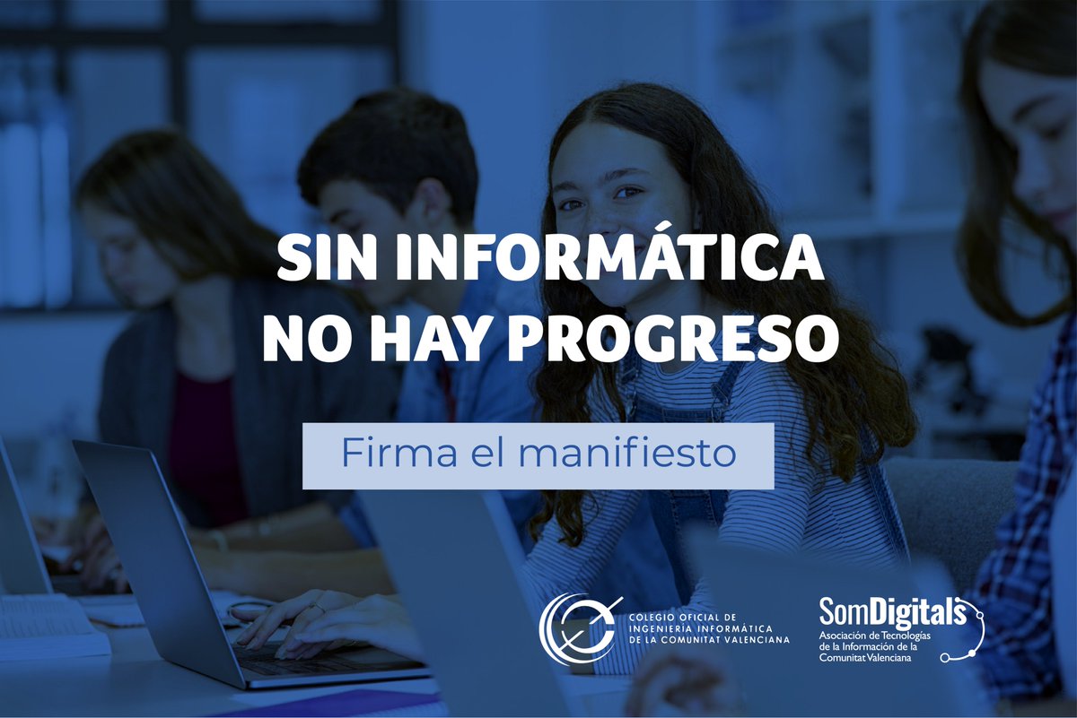 COIICV's tweet photo. 📣 ‼️ Firma el manifiesto para apoyar la implantación de asignaturas de informática obligatorias en bachillerato ➡️https://t.co/eQpwwf4Sw7
En la última reforma educativa, @educaciongob ha eliminado las materias de informática de Bachillerato. ¡Sin #Informática no hay progreso! https://t.co/qxDBIFNwLe