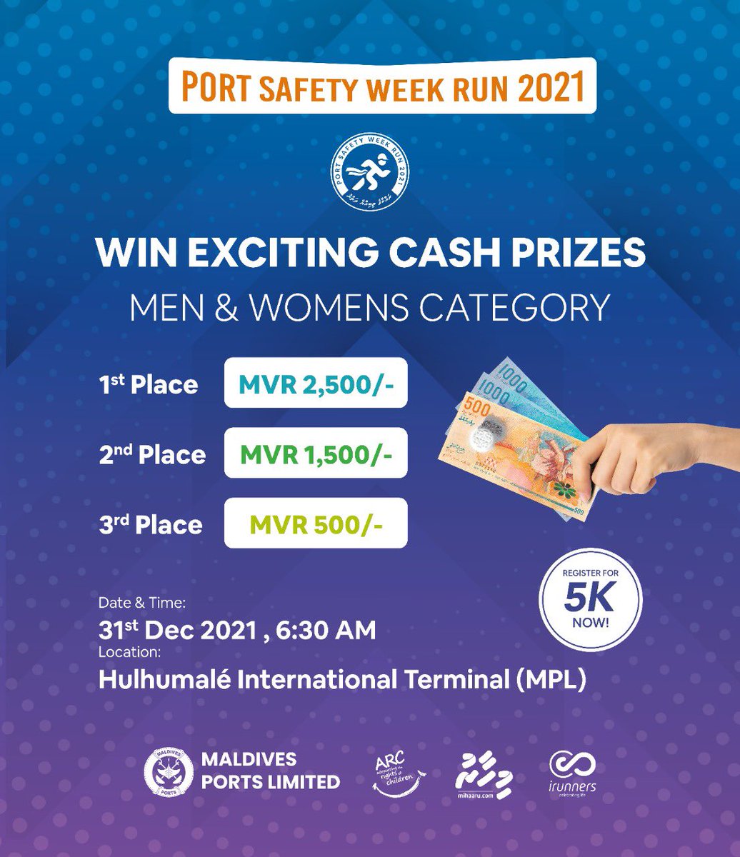 Portmv's tweet photo. Join our Port Safety Run and win exciting cash prices.
We will be donating 100% of the registration fee to #ARCmv
Registration is open now! Limited slots.
Application form: https://t.co/GwwQPwvkxY
#PortSafetyRun
#PortSafetyWeek2021 https://t.co/19mwodVZ9x