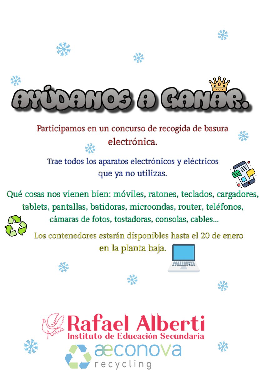 IESAlbertiCadiz's tweet photo. Ayúdanos a reciclar y a ganar el concurso. A la vuelta de las vacaciones trae todo lo que no te sirve de material electrónico. #recapacicla #Aldea #Proedaldea https://t.co/4UrYVNBNup