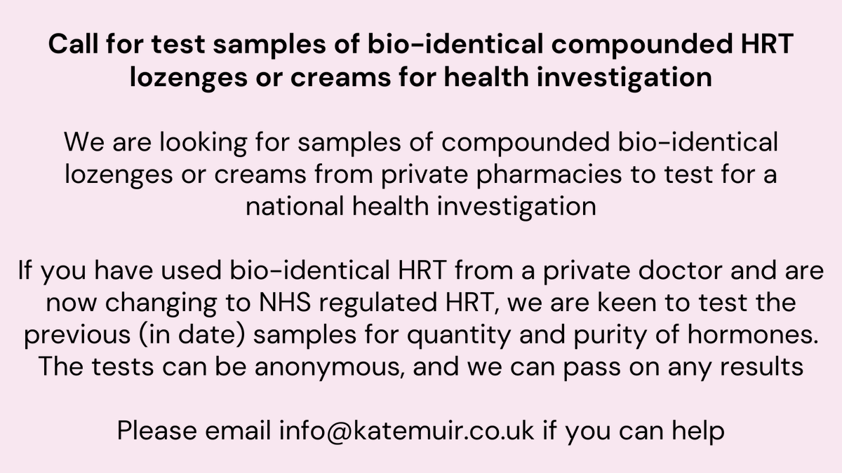 drlouisenewson's tweet photo. Call for test samples of bio-identical compound HRT lozenges or creams for health investigation. See image for more details
Can you help? Email info@katemuir.co.uk if you can
@MenoScandal @muirkate
#research #HRT #HRTresearch https://t.co/RPK706jHkO