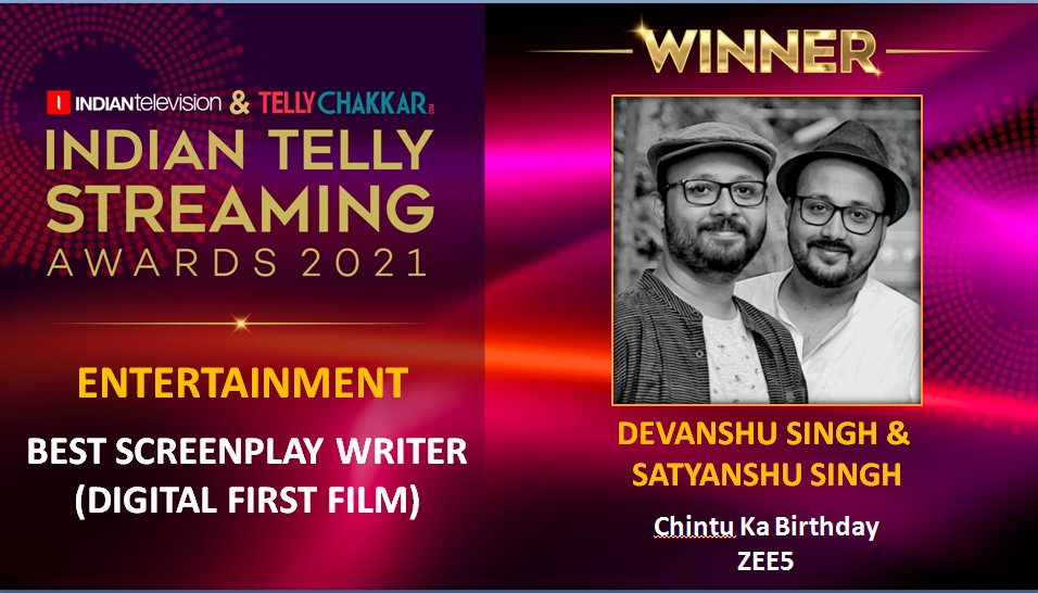 tellychakkar's tweet photo. Congratulation To #DevanshuSingh & #SatyanshuSingh For Winning Best ScreenPlay Writer Award For #ChintuKaBirthday Streamed On #Zee5 At The Indian Telly Streaming Awards 2021.
#ITSA2021 #virtualevents #virtual #indiantellystreamingawards #awards #awards2021 https://t.co/XzBAlWzzcU