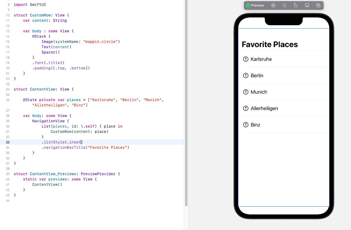 LindnerBjorn's tweet photo. Nothing fancy today, but a few exercises with lists that you never usually take time for.
And a lot of inspiration for this from the SwiftUI Views book by @BigMtnStudio. 

#10MinuteSwiftUI #002 https://t.co/fUyiuFk22A