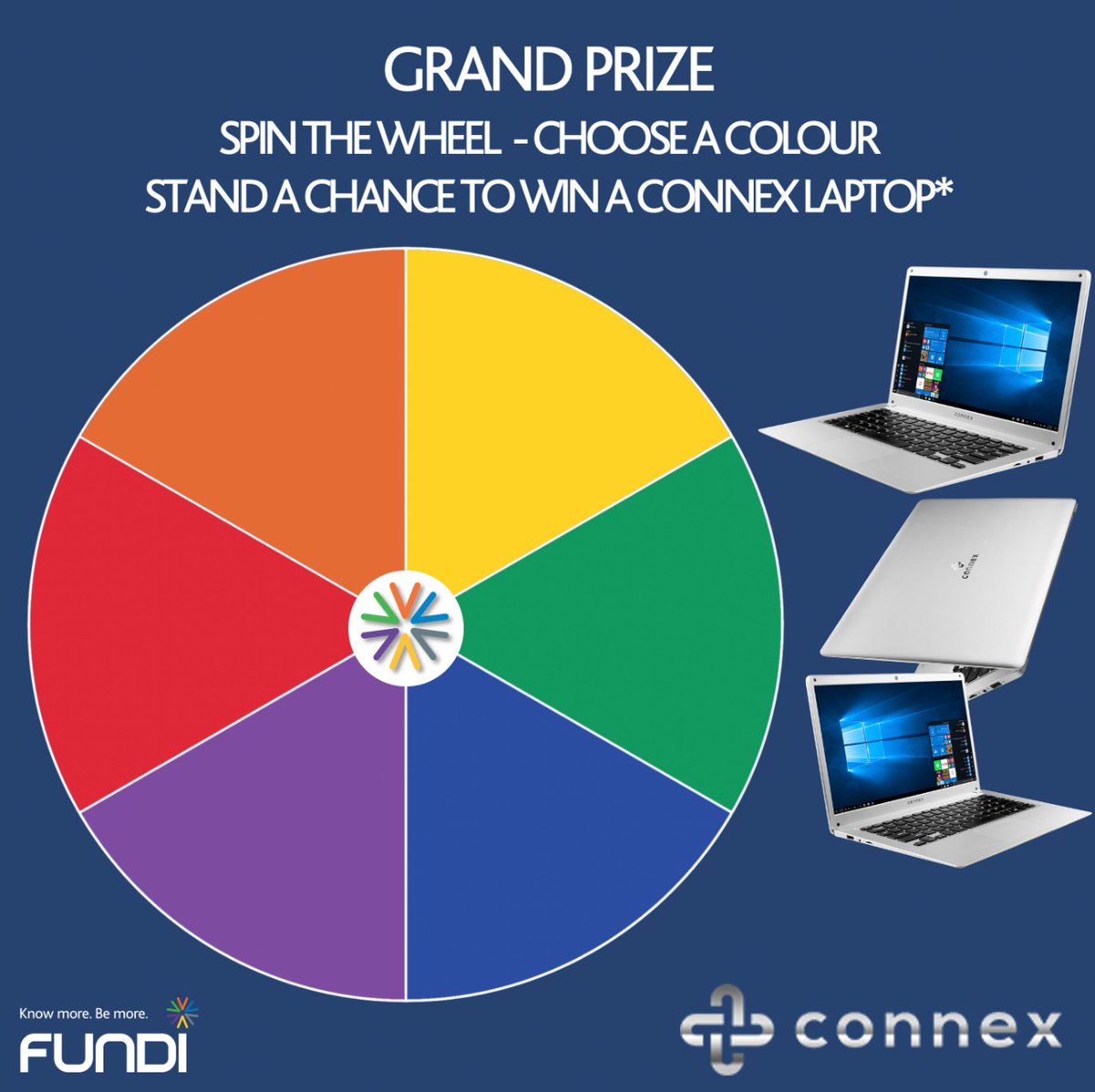 Official_FUNDI's tweet photo. GIVEAWAY #12 GRAND PRIZE !!!

Spin the wheel 🤩

Pick any color between Yellow, Orange, Red, Purple, Blue &amp; Green, retweet using #FundiGiveaway &amp; #Connex to stand a chance to win a Connex laptop 🥳🥳🥳

Use #FundiGiveaway &amp; #Connex with your response. https://t.co/4EoDSyKZvg