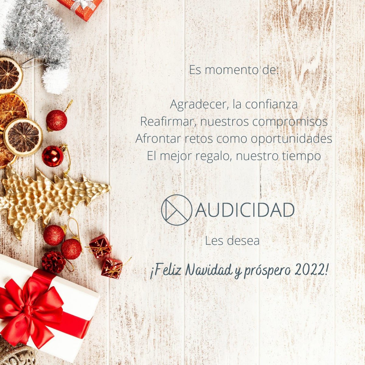 audicidad's tweet photo. Desde AUDICIDAD, os deseamos mucha salud y, recordad:

Tantos días tiene el próximo año, como oportunidades para cumplir nuestros objetivos.✨

El equipo AUDICIDAD os desea lo mejor.

#AUDICIDAD #FelizNavidad #Próspero2022 #Salud #Familia #Amistad #ilusión https://t.co/0yWhj0mMI3