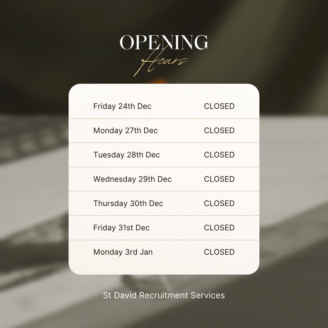 StDavidRec's tweet photo. We are closed from Friday 24th December and will be back in on Tuesday 4th January. 

We would like to thank all of our lovely clients and candidates for their continued support. We wish you all a Merry Christmas and a prosperous New Year! 🎄 ☃️ ❄️ #christmas #happynewyear https://t.co/8nQ6274PtF
