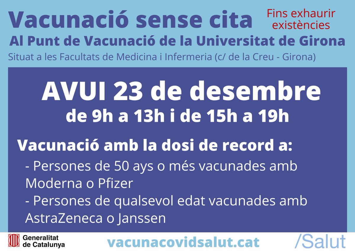 ‼️Atenció‼️ Avui al Campus Centre. Vacunació sense cita prèvia.