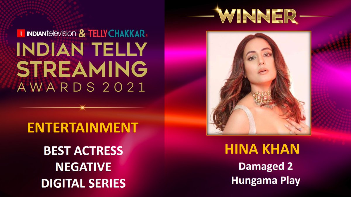 tellychakkar's tweet photo. Congratulation To #HinaKhan For Winning Best Actress In Negative Role Award For #Damaged2 Streamed On #HungamaPlay At The Indian Telly Streaming Awards 2021.
#ITSA2021 #virtualevents #virtual #streaming #indiantellystreamingawards #awards #awards2021 https://t.co/Ng0ck6QlMG