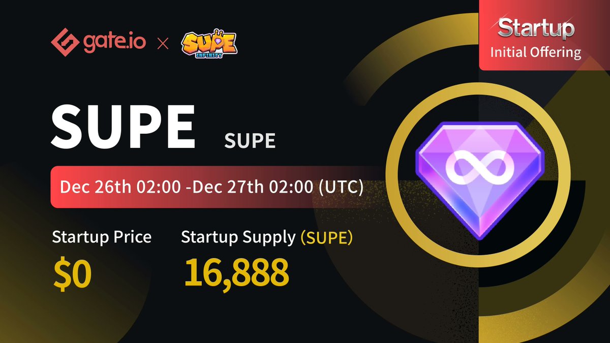 Gate.io Startup Free Offering @SupeInfinity Duration: 02:00,Dec 26th - Dec 27th (UTC) 🧧50 lucky users will share 50 $SUPE🧧 Follow @gate_io Like & RT Participate: gate.io/en/startup/360… Details: gate.io/article/24423/… #Gateio #Startup