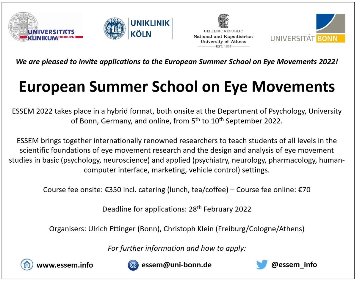 We are pleased to announce the European Summer School on Eye Movements 2022! ESSEM 2022 is planned to take place in a hybrid format, both onsite at the University of Bonn, Germany, and online. For further information, see essem.info #ESSEM2022 #theeyeshaveit