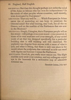 DorsetWriter's tweet photo. #ColinMacInnes #ParthenonMarbles #Elgin @BCRPM
Rereading essays in 'England, Half English', surprised to come across this forgotten polemical dialogue on the Parthenon Marbles. First published in Twentieth Century, July 1957 (in Greek, Kathimerini 2/8/1957). https://t.co/A7XoO94rgL
