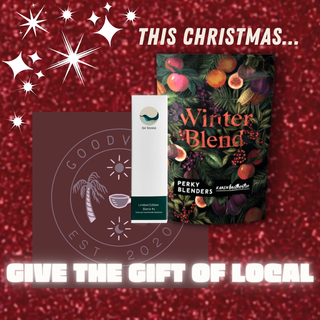 Give The Gift of Local... Exclusive Goodvibes Bundle!!
🎄
Be In Sense offer two decadent winter scents to choose from; Frankincense or Green Musk
🎁
<a href="/perkyblenders/">Perky Blenders Coffee Roasters</a>  winter blend is rich &amp; fruity, perfect for the festive season
⛄