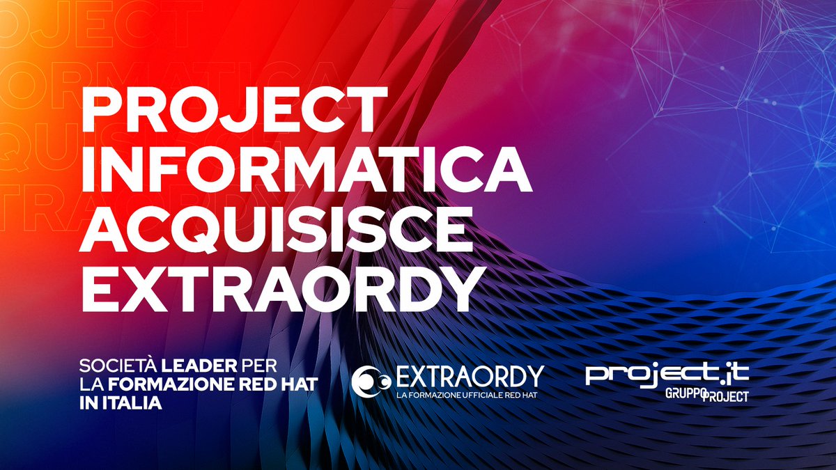 [COMUNICATO UFFICIALE]
Project Informatica Informatica ha firmato un accordo vincolante per l'acquisizione di una quota di maggioranza in EXTRAORDY, partner Red Hat che supporta l’applicazione delle soluzioni #opensource per la gestione del #hybridcloud delle imprese.