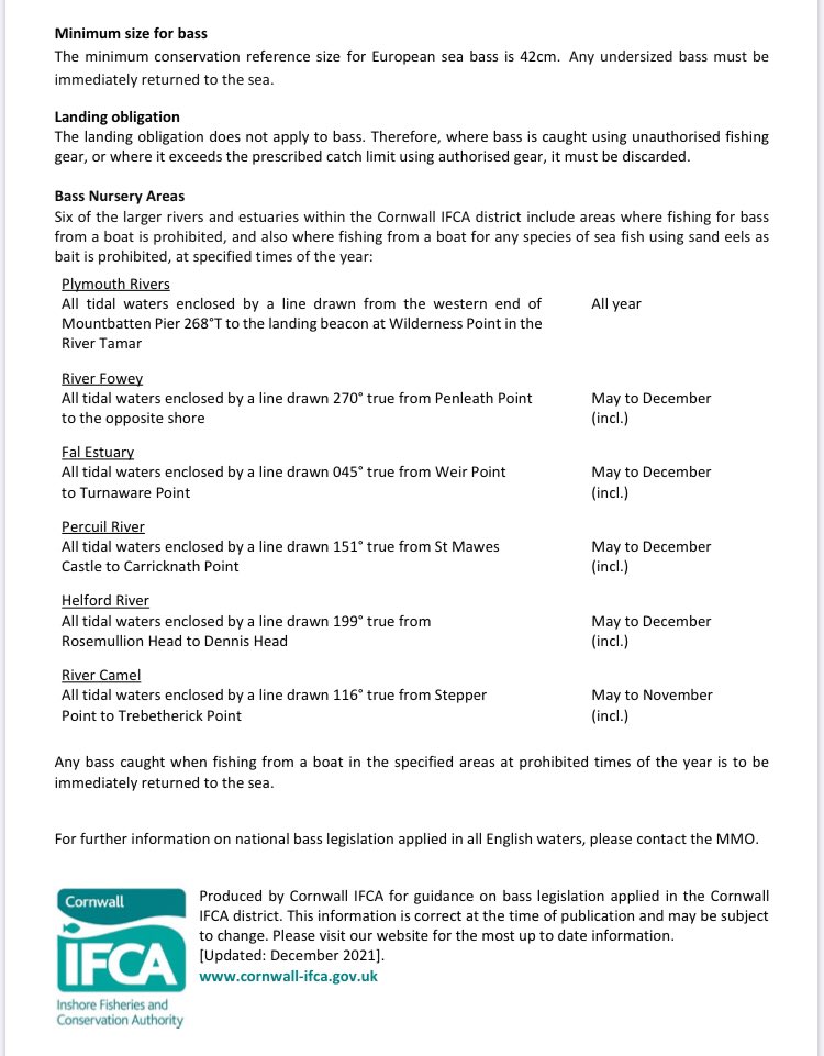 CornwallIFCA's tweet photo. Bass Fishing Guidance for 2022 has now been released. Please see the attached documents which summarises national legislation applied to commercial and recreational bass fisheries in the Cornwall IFCA district. #IFCA #BassFishing #CIFCA #Fisheries https://t.co/9cYPabIWkR