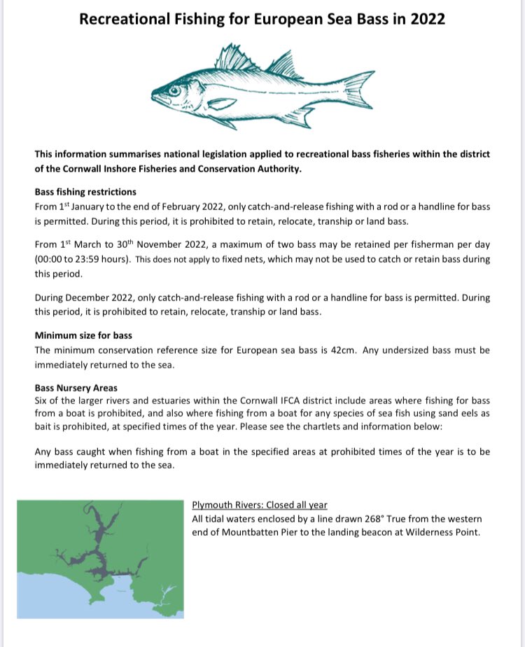 CornwallIFCA's tweet photo. Bass Fishing Guidance for 2022 has now been released. Please see the attached documents which summarises national legislation applied to commercial and recreational bass fisheries in the Cornwall IFCA district. #IFCA #BassFishing #CIFCA #Fisheries https://t.co/9cYPabIWkR