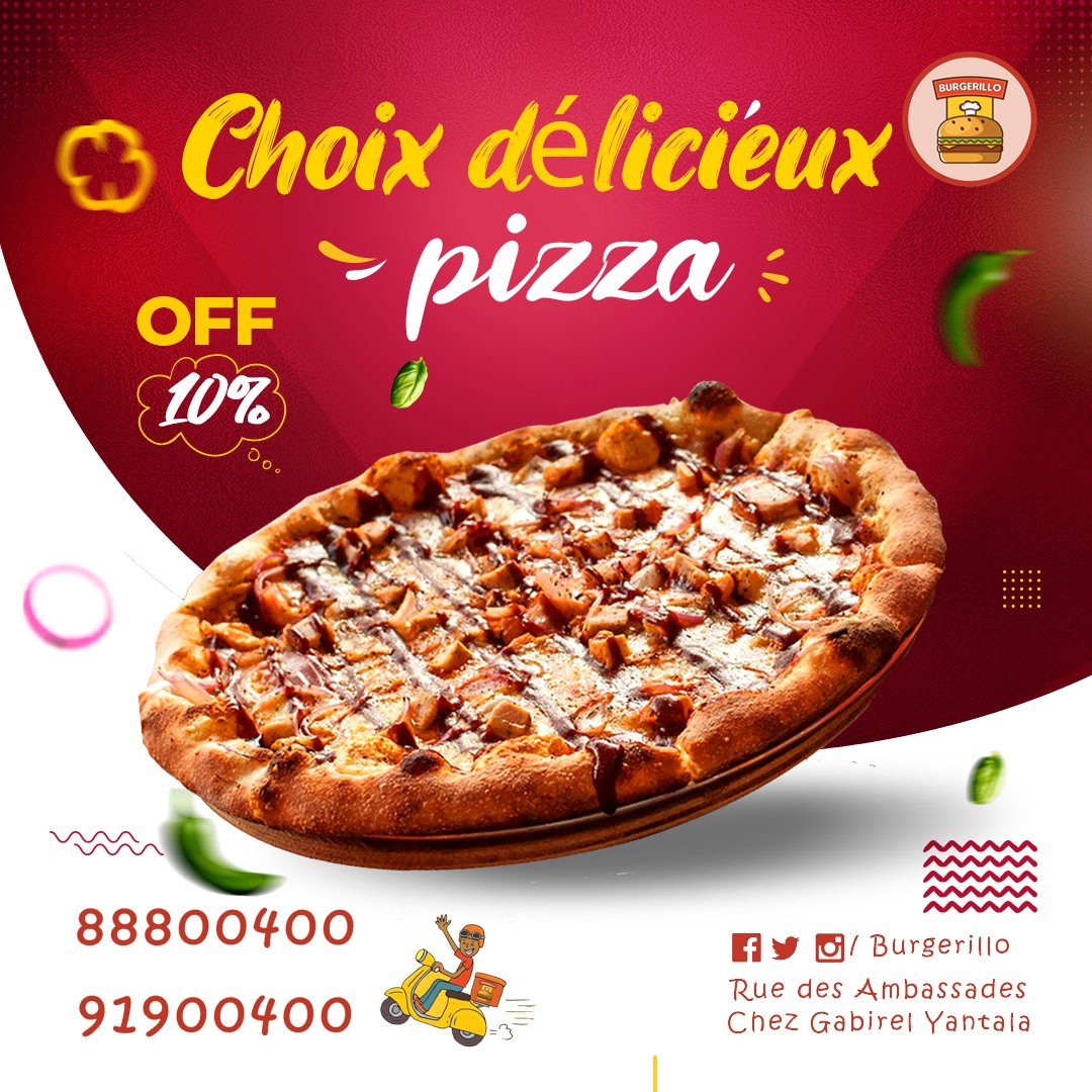 Burgerillo's tweet photo. Quoi de mieux qu’une bonne #pizza 🍕😋 en ce #Jeudi?👀🏃‍♂️👉 profitez de notre #offre de 10% de réduction aujourd'hui seulement #burgerillo #niger #niamey https://t.co/Ya41j2WQgz