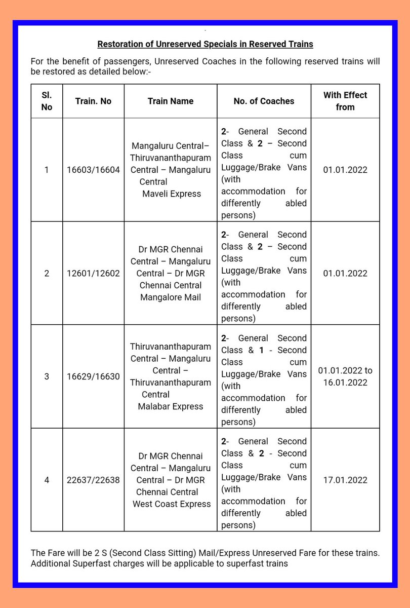 GMSRailway's tweet photo. Restoration of Unreserved Specials in 4 pairs of trains
#SouthernRailway  #SRUpdates https://t.co/MYYStTCxzb