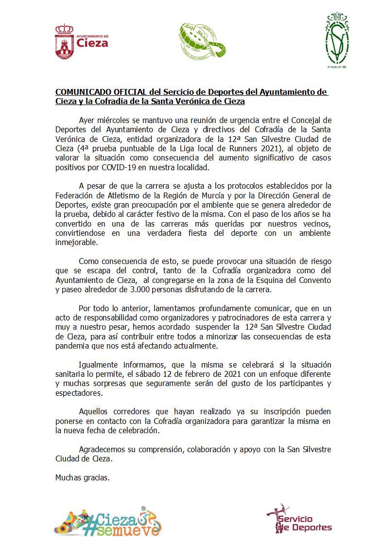carlos_semitiel's tweet photo. Decidimos de manera unánime posponer la tradicional San Silvestre “Ciudad de Cieza”.

Quiero dar las gracias a la organización por anteponer la salud por delante de cualquier otro objetivo.

Dejad bien a mano vuestros trajes, nos los pondremos muy pronto. 

#ciezasemueve https://t.co/yOEU6sho5g