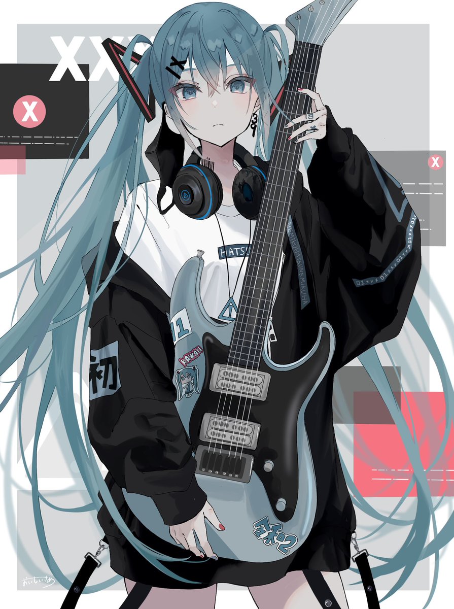 hatsune miku 1girl solo instrument long hair twintails guitar headphones  illustration images