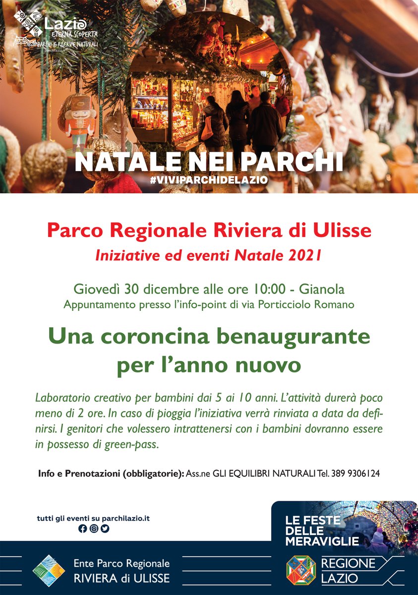 Iniziative ed eventi #Natale 2021 nel #ParcoRegionaleRivieraDiUlisse

Una coroncina benaugurante per l’anno nuovo 👸🤴
Giovedì 30 dicembre ore 10:00 #Gianola

Per saperne di più: parchilazio.it/rivieradiuliss…

#Gaeta #Formia #Minturno #Scauri #Sperlonga #Parchilazio #viviparchidelazio