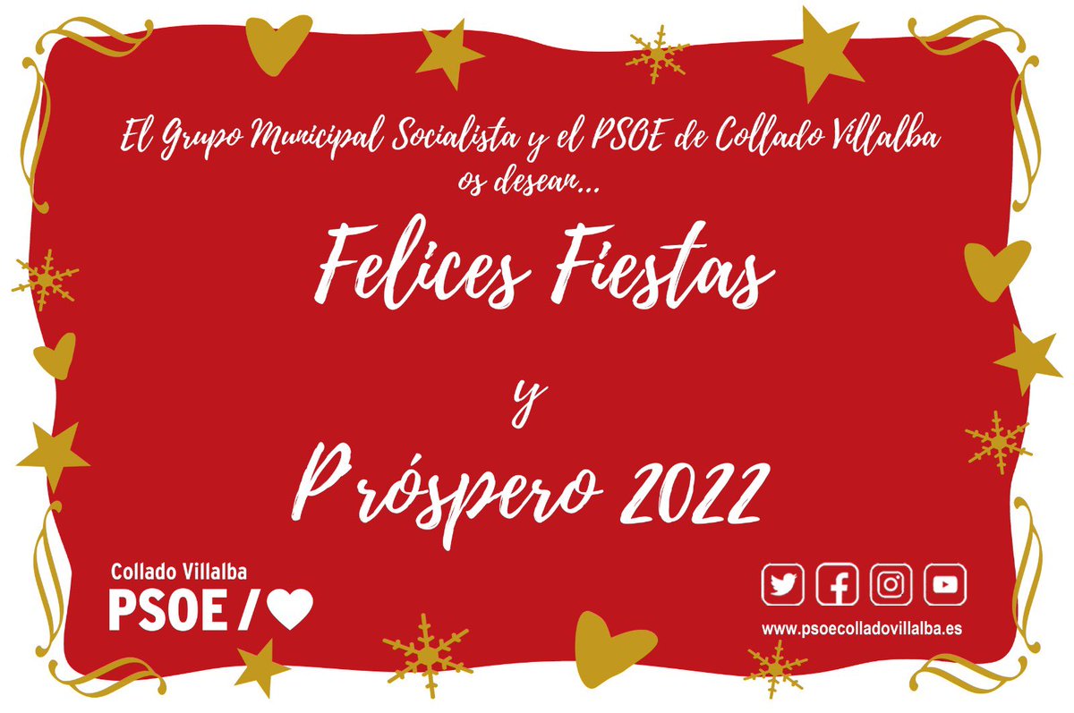 🌟Tras casi 2 años de pandemia limitando nuestras vidas, esperamos que disfrutéis de estas fiestas de manera especial

🎄El Grupo Municipal Socialista y la Comisión Ejecutiva Local del PSOE os desea Feliz Navidad y que el nuevo año 2022 llegue con más salud, más esperanza y éxito