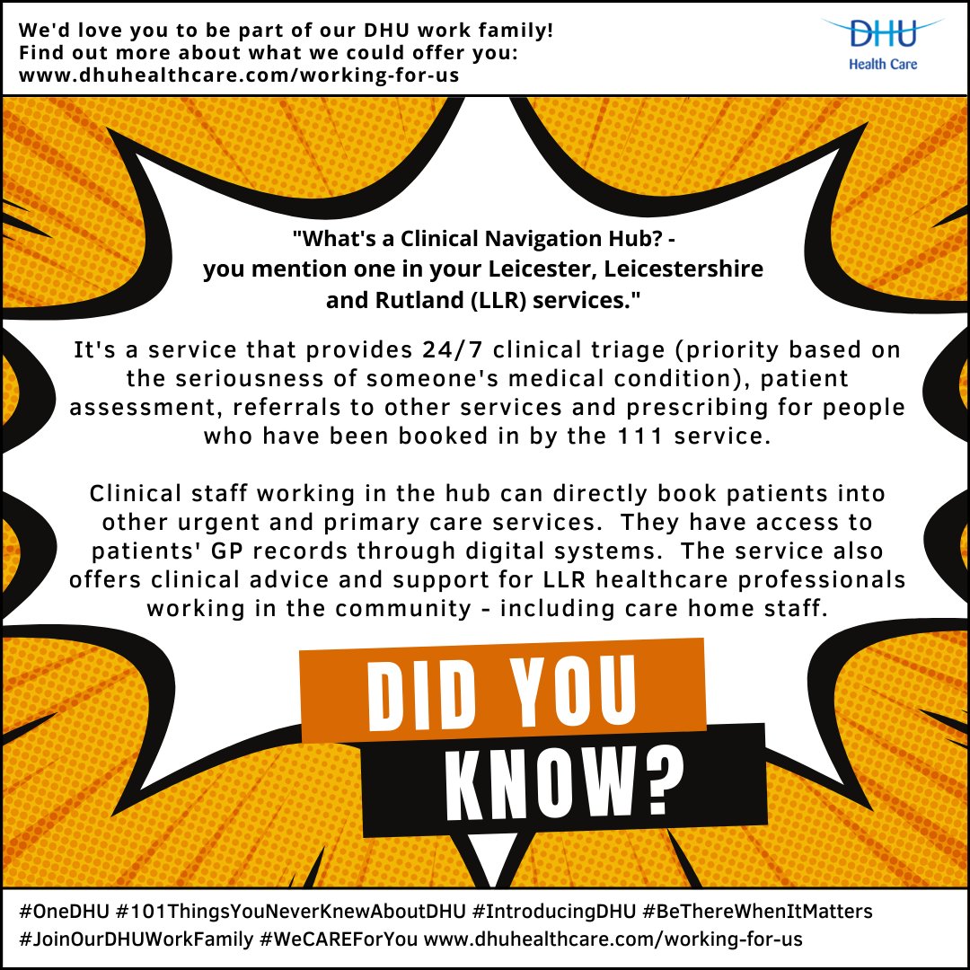 DHUHealthCare's tweet photo. #Day84
Finding your way around some our Leicestershire services is easy with clinical navigation - plenty of advice and support on hand!
#OneDHU #101ThingsYouNeverKnewAboutDHU #IntroducingDHU #BeThereWhenItMatters #JoinOurDHUWorkFamily #WeCAREForYou
https://t.co/R2sdObMx75 https://t.co/ll2XY5RI2r