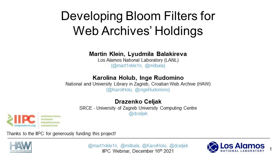 SrceHr's tweet photo. Predstavljeni su rezultati projekta Developing Bloom Filters for Web Archives’ Holdings, nastalog u suradnji Los Alamos National Laboratory (LANL) Research Library, Nacionalne i sveučilišne knjižnice u Zagrebu i Srca. Više na: https://t.co/7TPAd4J521 https://t.co/sBeru2gWmj