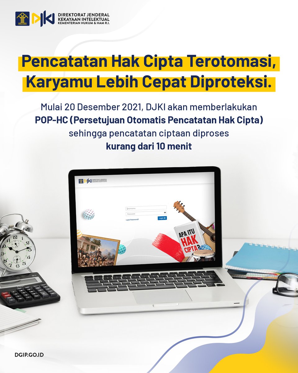 djki_kemenkum's tweet photo. Hai #TemanKI, MinKI ada info gembira, nih!
Dalam rangka menyambut tahun 2022 sebagai Tahun Hak Cipta, mulai 20 Desember 2021, pencatatan ciptaan dapat diproses kurang dari 10 menit! Artinya, dalam hitungan menit kamu bisa mendapatkan sertifikat pencatatan hak ciptamu.
#POPHC https://t.co/IiTzCYTH7V