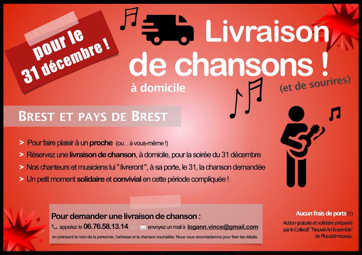 📣 Livraison de chansons à domicile le 31 décembre 📣

Une proposition solidaire et conviviale de notre collectif «#NouvelAn Ensemble», pour égayer la soirée du 31 de vos proches (ou de vous-même) : «livraison de chanson» à domicile

#Brest et alentours

➡️fb.me/e/2W7OaCVbN