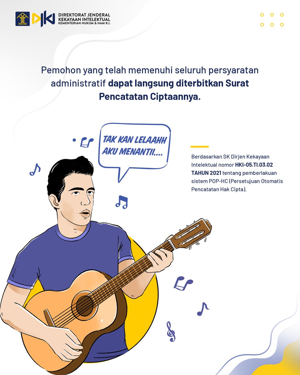 djki_kemenkum's tweet photo. Hai #TemanKI, MinKI ada info gembira, nih!
Dalam rangka menyambut tahun 2022 sebagai Tahun Hak Cipta, mulai 20 Desember 2021, pencatatan ciptaan dapat diproses kurang dari 10 menit! Artinya, dalam hitungan menit kamu bisa mendapatkan sertifikat pencatatan hak ciptamu.
#POPHC https://t.co/IiTzCYTH7V