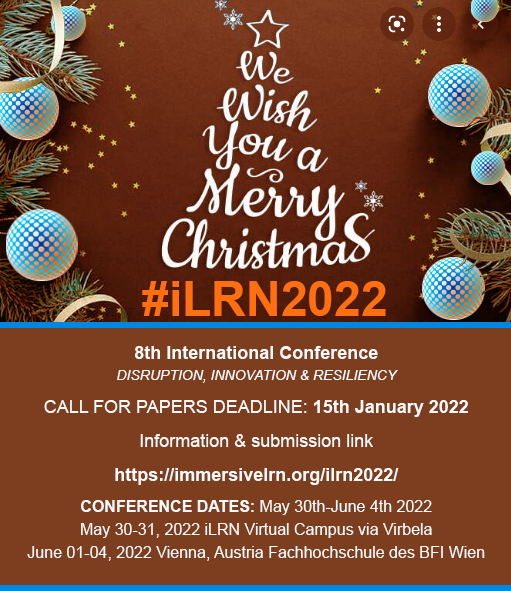 DaphneEconomou's tweet photo. iLRN2022, Technically co-sponsored by IEEE Advancing Technology for Humanity
Main Round Submission Deadline: 2022-01-15
#Immersive #VR #AR #Metaverse  #Heritage #digitalhealth  

https://t.co/B1uIRSwTzs https://t.co/hmpoKJm4VO