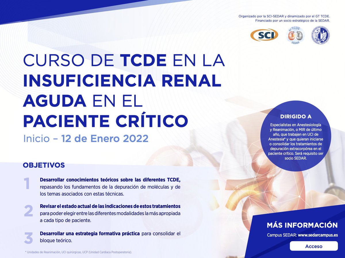 sedar_es's tweet photo. Curso de TCDE en la Insuficiencia Renal Aguda paciente crítico ¡Nuestro regalo de fin de año! Gratis para socios SEDAR. 15 profesores - 15 Hospitales. Altísimo nivel. 1ª edición (y habrá más 😉) Inscripciones en: https://t.co/hTpc3RiDJB #UCI @SCISEDAR #CuidadosIntensivosSEDAR https://t.co/ZbSmJxlsm2