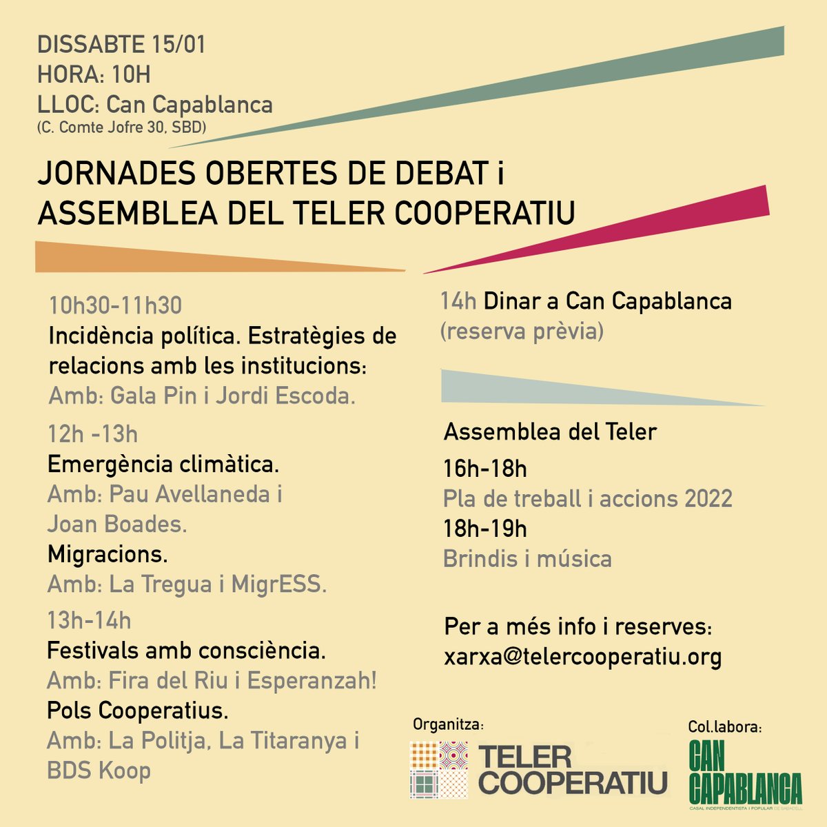 Abans de donar pas a les festes..

Volem anunciar i convidar-vos a les primeres jornades obertes de debat del TELER COOPERATIU!

2022 en porta els nostres 5 ANYS i ho volem celebrar obrint encara més la nostra assemblea amb ponents de luxe #ESS

Vine a entaular-te amb el Teler!