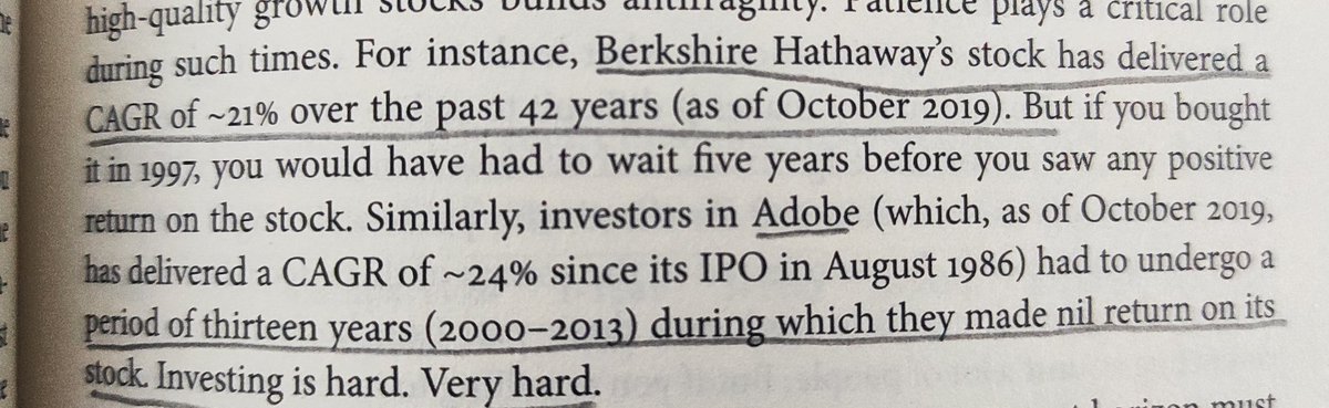 Berkshire Hathaway's stocks have delivered a CAGR of 21% over the past 42 years but if you bought it in 1997, You would have to wait five years before you saw any positive returns.